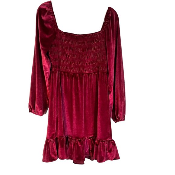 NEW LAUREN CONRAD VELVET SMOCKED DRESS PINK MEDIUM LONG SLEEVE MINI FUCHSIA NWT - Picture 3 of 7